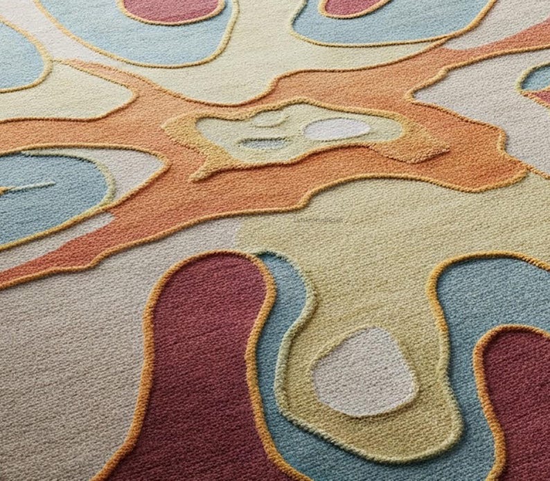 Pu&ograve; includere: Primo piano di un tappeto colorato con un design astratto e testurizzato. Il tappeto presenta una variet&agrave; di forme e colori, tra cui arancione, giallo, blu e rosso.