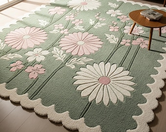 Saliegroen botanisch geschulpt handgetuft vloerkleed, roze ivoorkleurige wollen vloerkleden voor slaapkamer
