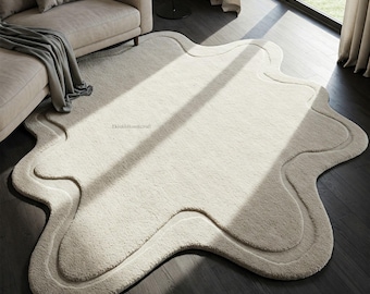 Solid Off White Irregular Wool Rug, Hand Tufted Abstract Area Rugs for Living Room
