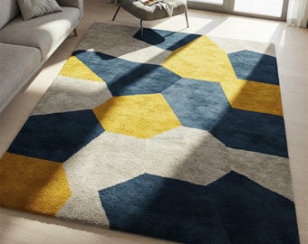 Blue Yellow Geometric Wool Rug, Grey Hand Tufted Contemporary Rugs for Living Room