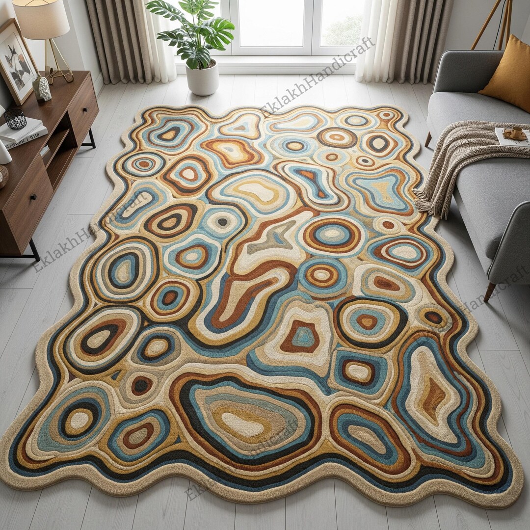 Colorful Abstract Wavy Layered Wool Rug, Hand Tufted Area Rugs for ...