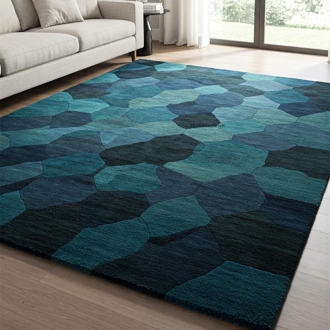 Blue Geometric Wool Tufted Rug, Modern Stone Design Custom Rugs for ...