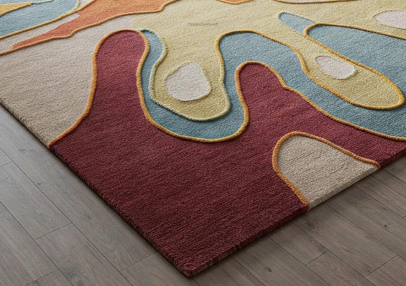 Pu&ograve; includere: Primo piano di un tappeto astratto colorato con un design testurizzato tessuto a mano. Il tappeto presenta una variet&agrave; di colori, tra cui rosso, arancione, giallo, blu e bianco. Il tappeto &egrave; fatto di lana e ha una sensazione morbida e soffice.