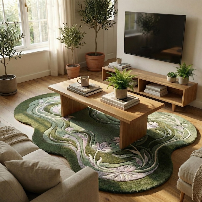 Op de afbeelding: Een woonkamer met een groen tapijt met bloemenpatroon, een houten salontafel en een houten tv-meubel. Er zijn ook potplanten en een grote televisie te zien. De kamer heeft een lichte en luchtige uitstraling.