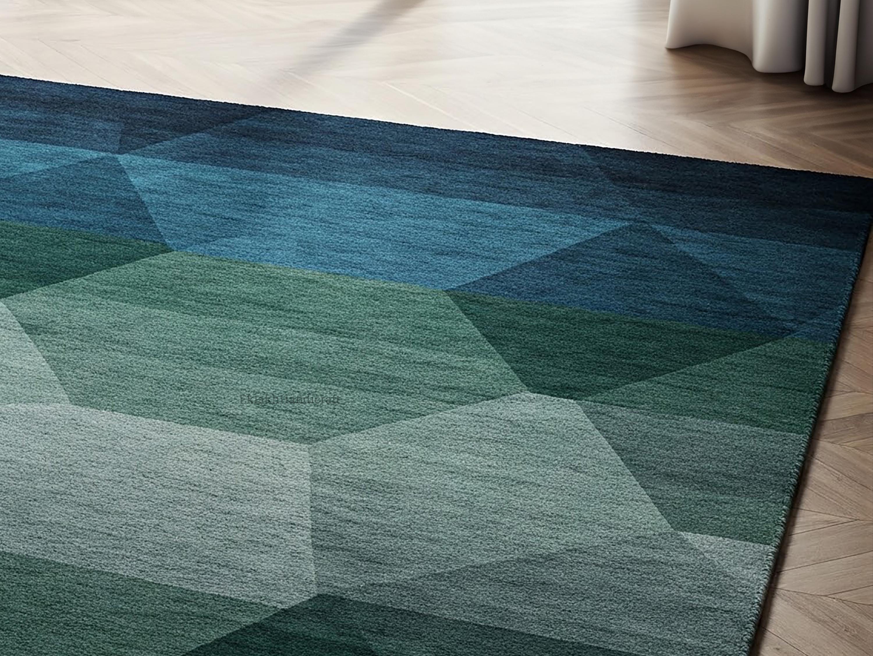 Green/blue Rust Rug Blue Green Geometric Wool Rug, Modern Hand Tufted Area Rugs for Living ...