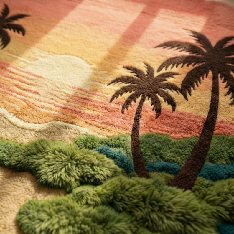 May include: A close-up of a rug with a tropical sunset design. The rug features palm trees in dark brown against a backdrop of orange, yellow, and pink hues. The foreground has green and blue textured areas.