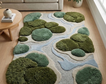 3D Moss Green Blue Area Rug, Abstract Hand Tufted Nature Wool Rugs