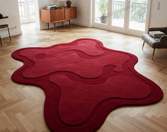 Donkerrood onregelmatig wollen vloerkleed, handgetufte abstracte gelaagde vloerkleden voor slaapkamer