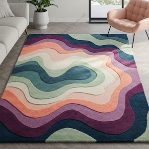 Tapis coloré en laine ondulée touffeté à la main, carpettes abstraites modernes en couches pour le salon