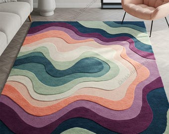 Colorful Hand Tufted Wavy Wool Rug, Modern Abstract Layered Area Rugs for Living Room