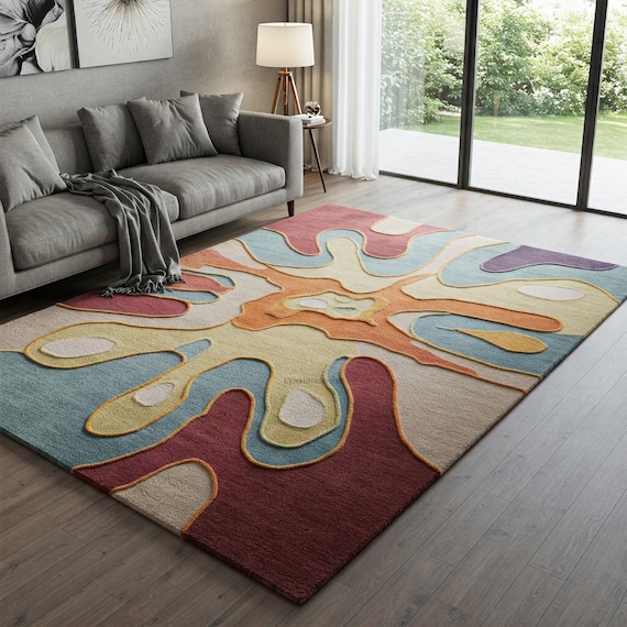Colorful Abstract Hand Tufted Rug, Modern Melting Design Wool Area Rugs for Living Room