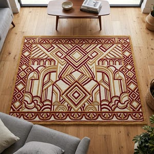 May include: Rectangular rug with an Art Deco geometric design. The rug has a cream background with red and gold lines and shapes. It is placed on a wooden floor, adding a touch of elegance to the room.
