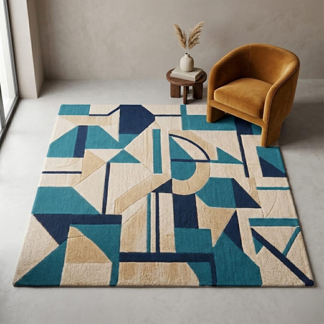 Hand Tufted Wool Rug, Cream Teal Geometric Abstract Modern Area Rug - Etsy