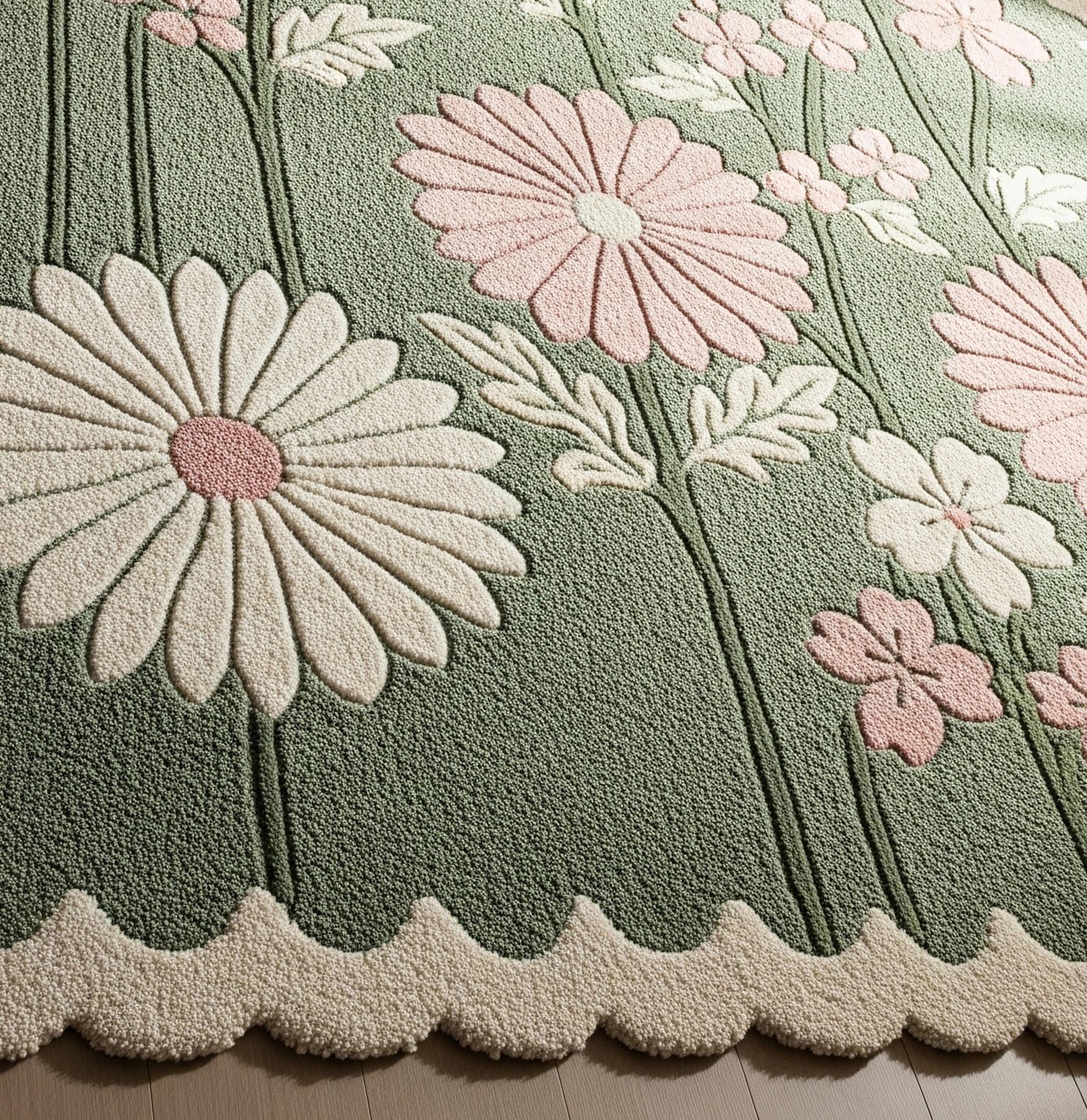 Sage Green Botanical Scalloped Hand Tufted Rug, Pink Ivory Floral Wool ...