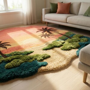 May include: A round rug with a tropical sunset design. The rug features a sandy beach, green islands, and palm trees. The sunset colors include orange, yellow, and pink. The rug has a soft, textured surface.