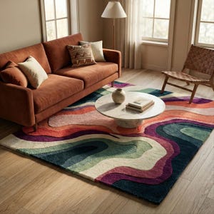 Colorful Abstract Wool Tufted Rug, Modern Handmade Wavy Layered Area Rugs
