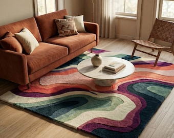 Colorful Abstract Wool Tufted Rug, Modern Handmade Wavy Layered Area Rugs