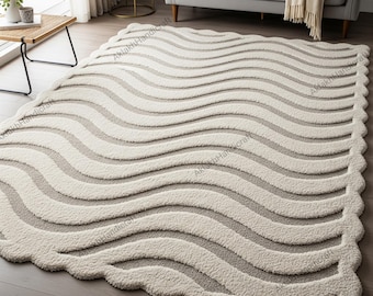 Off White Grey Wavy Wool Rug, Abstract Hand Tufted Scalloped Area Rug