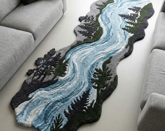 Forest Green River Rug, Sky Blue Hand Tufted Irregular Abstract Landscape Runner Rugs