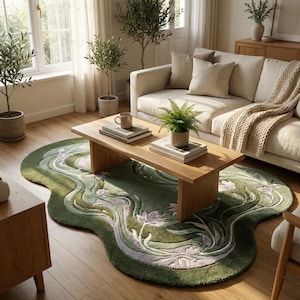 Op de afbeelding: Een woonkamer met een groene, organisch gevormde vloerkleed met een bloemenpatroon. Een lichtgekleurde bank, houten salontafel en potplanten completeren de gezellige, natuurlijke esthetiek. Het vloerkleedontwerp bevat tinten groen en lavendel.