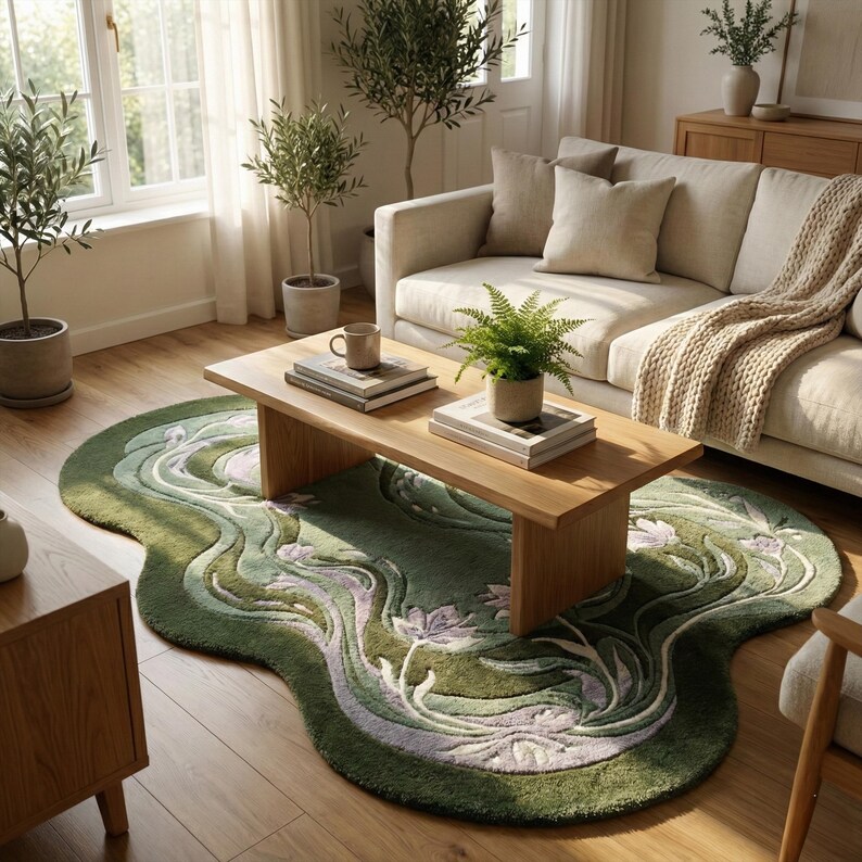 Op de afbeelding: Een woonkamer met een groene, organisch gevormde vloerkleed met een bloemenpatroon. Een lichtgekleurde bank, houten salontafel en potplanten completeren de gezellige, natuurlijke esthetiek. Het vloerkleedontwerp bevat tinten groen en lavendel.