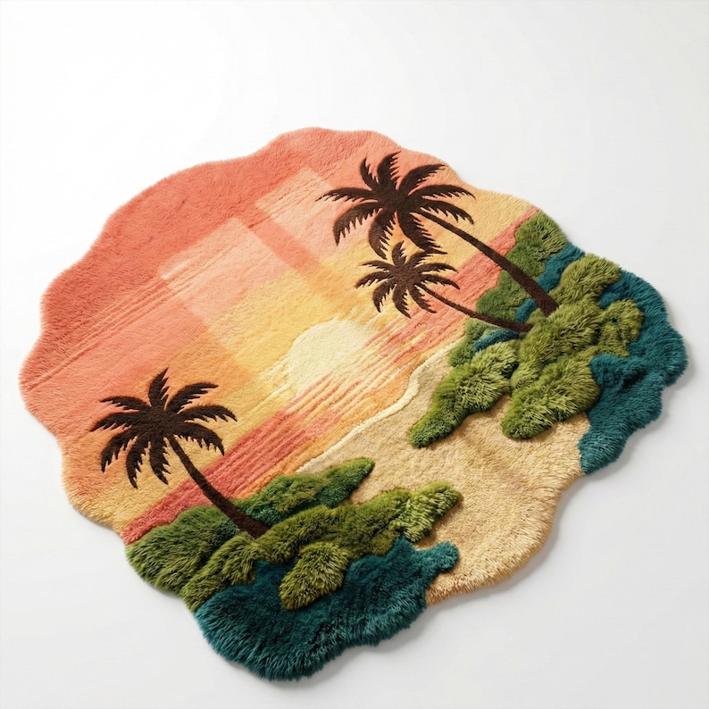 May include: A decorative rug with a tropical island scene. The rug features a sunset with palm trees, a beach, and green and blue textured areas. The rug has a wavy edge and is designed to resemble an island.