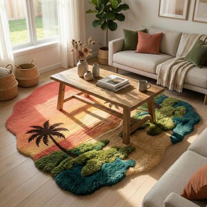 May include: A colorful area rug with a tropical sunset design. The rug features a palm tree silhouette, with shades of orange, yellow, and green. The rug is placed in a living room setting with a wooden coffee table and a beige sofa.