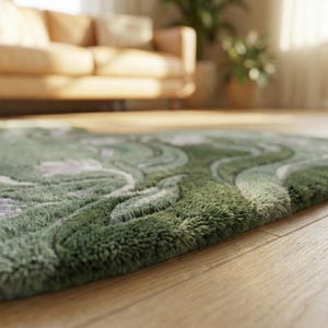 Op de afbeelding: Een close-up van een groene vloerkleed met een bloemenpatroon. Het vloerkleed heeft een getextureerde, zachte uitstraling met verschillende tinten groen en wit. Het vloerkleed ligt op een houten vloer, met een vage achtergrond van een bank en planten.