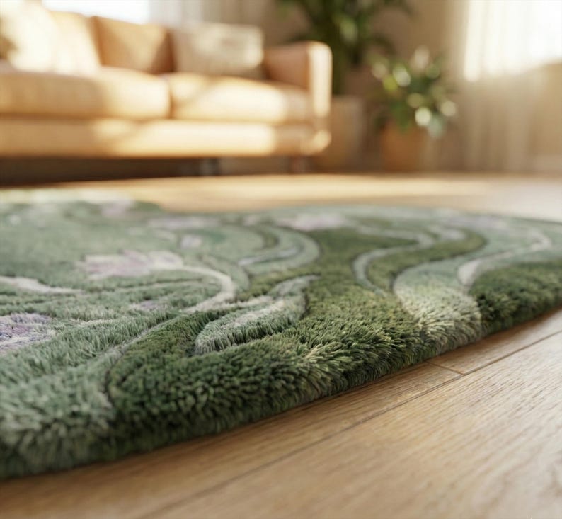 Op de afbeelding: Een close-up van een groene vloerkleed met een bloemenpatroon. Het vloerkleed heeft een getextureerde, zachte uitstraling met verschillende tinten groen en wit. Het vloerkleed ligt op een houten vloer, met een vage achtergrond van een bank en planten.