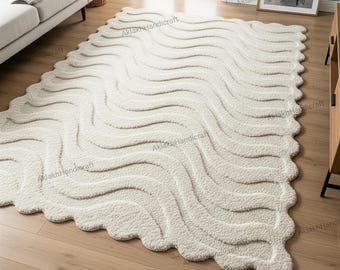 Off White Abstract Wavy Wool Rug, Hand Tufted Scalloped Area Living Room Rug