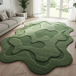 Light Dark Green Irregular Hand Tufted Amoeba Shape Custom Area Rug for Living Room, Modern Abstract Layered 6x9 8x10 Wool Rugs for Bedroom