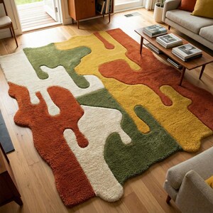 May include: A colorful, abstract area rug with a unique, flowing design. The rug features a mix of warm colors, including orange, yellow, green, and cream, creating a vibrant and modern look. The rug's irregular shape adds to its artistic appeal.