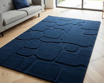 Tappeto in lana blu astratto annodato a mano, tappeti con texture effetto pietra per soggiorno