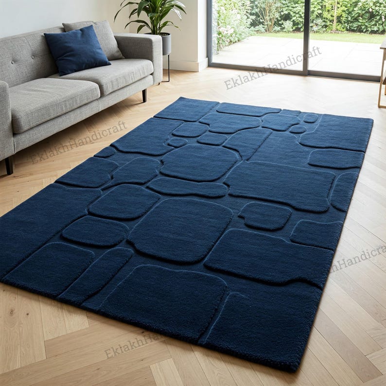 Blue Abstract Hand Tufted Wool Rug, Stone Design Textured Area Rugs for ...