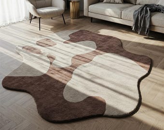 Beige Brown Irregular Wool Rug, Hand Tufted Irregular Area Rugs for Living Room