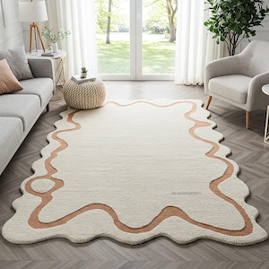 Tapis en laine abstrait marron blanc cassé, tapis festonnés tuftés à la main modernes pour le salon