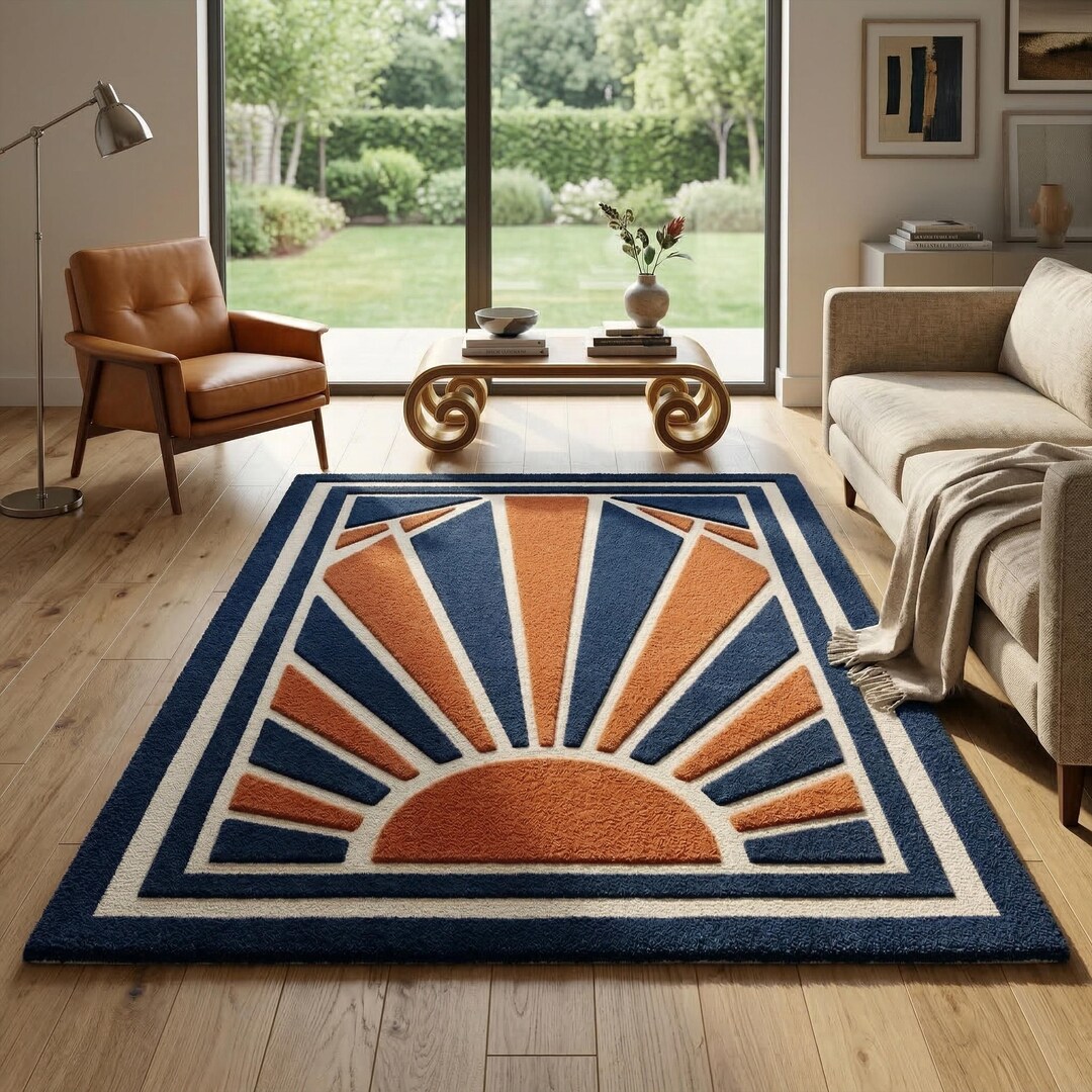 Scorched Rug Rising Sun Hand Tufted Rug, Burnt Orange Blue Area Carpet - Etsy