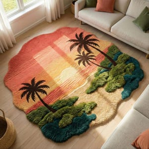 May include: A unique, tropical-themed rug with a sunset design. The rug features palm trees, a beach, and ocean elements in shades of orange, yellow, green, and blue. The rug has an irregular, wavy shape.