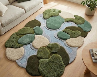 Moss Green Blue Abstract Rug, Hand Tufted Green Sculpted Wool Rugs