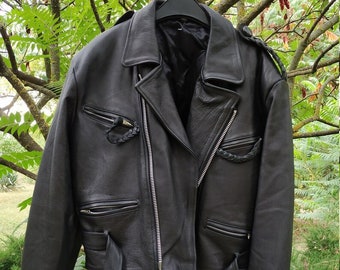 Blouson de motard ceinturé 100 % cuir ; manteau en cuir noir; veste en cuir de taille moyenne pour hommes ; veste en cuir de haute qualité; veste de moto noire; motard moyen