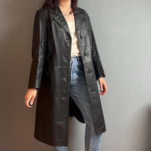 Vintage Leather Jacket for Women in Black - Size Large  - Longline Black Genuine Leather Long Coat