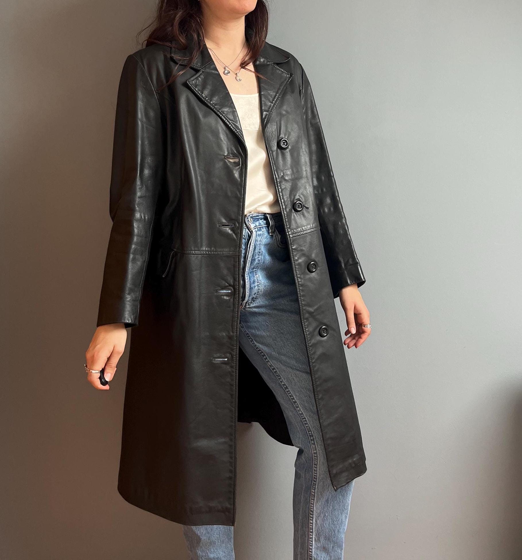 ジャケット・アウター vintage leather jacket long coat Vintage Leather Jacket for Women in Black - Size Large