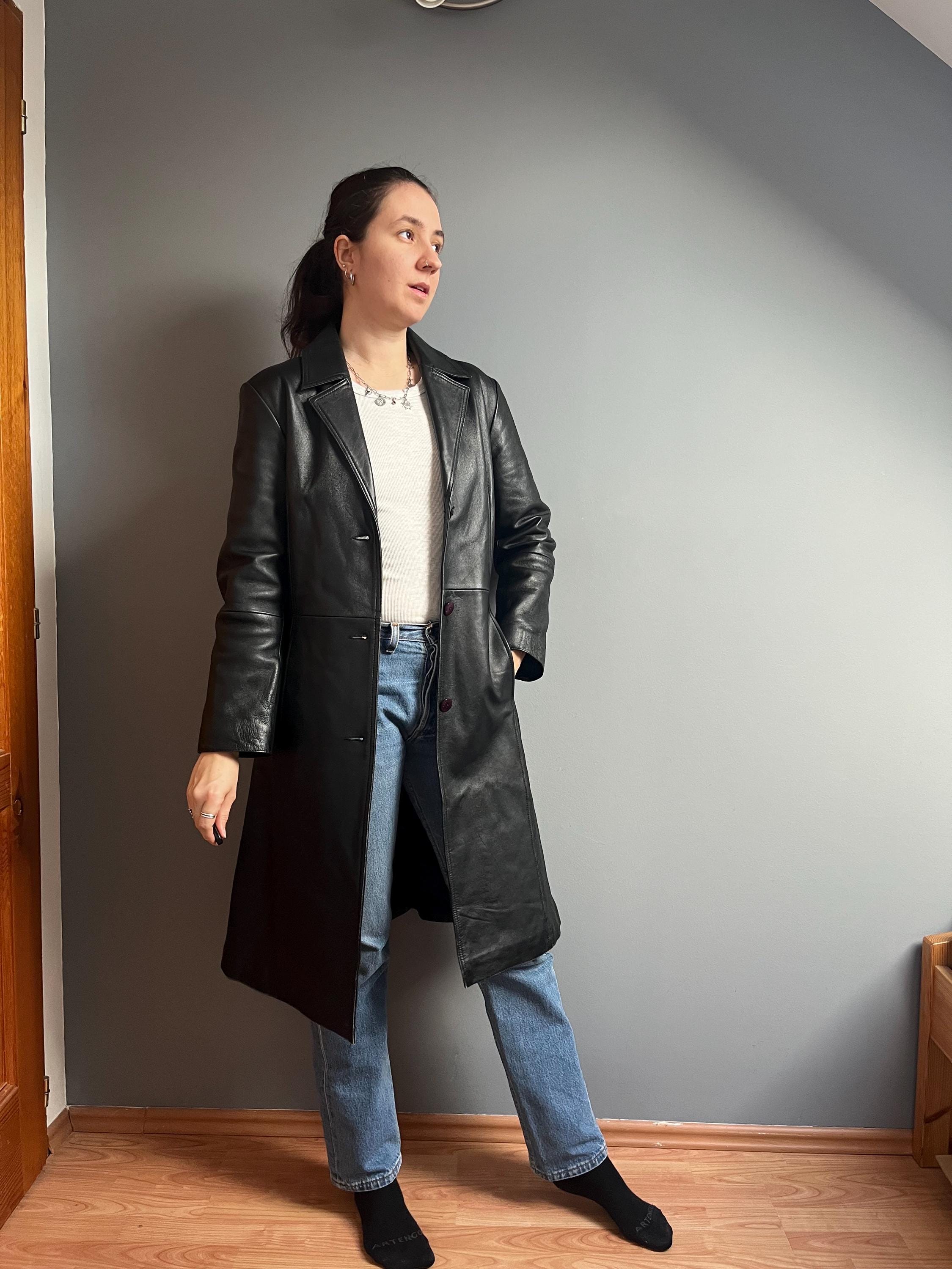 Vintage Black Real Leather Trench Coat for Women – Classic Long