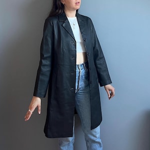 Vintage Genuine Leather Coat for Women in Black - Size Medium - Black Genuine Long Leather Coat - Minimalist Style