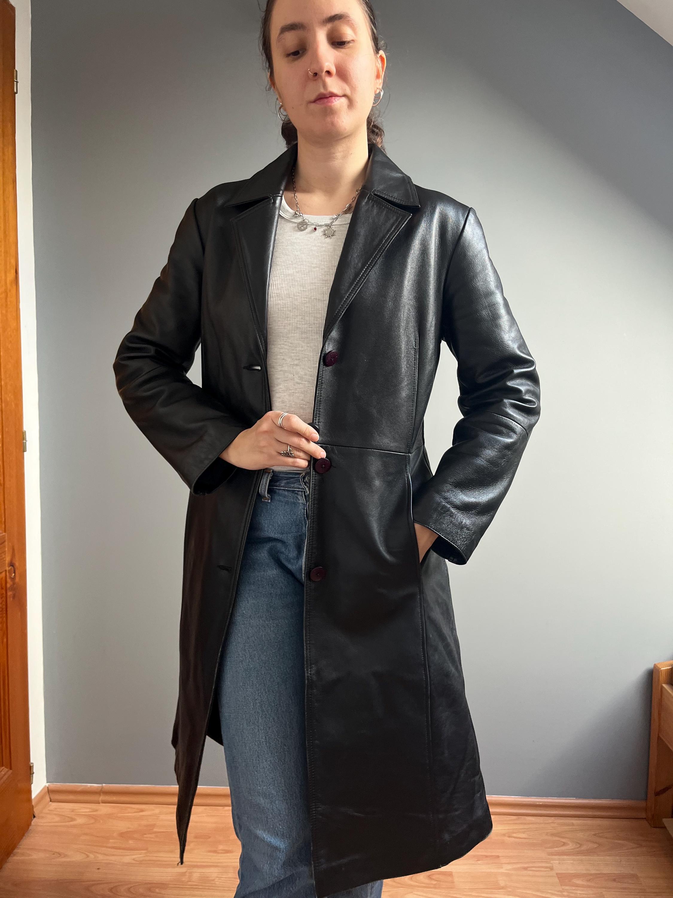 ジャケット・アウター vintage real leather trench coat Vintage Black Real Leather Trench Coat for Women – Classic Long