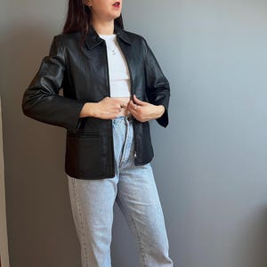 Vintage Leather Jacket in Black - Size Small - Women Black Genuine Leather Biker Jacket - Short Spring Jacket
