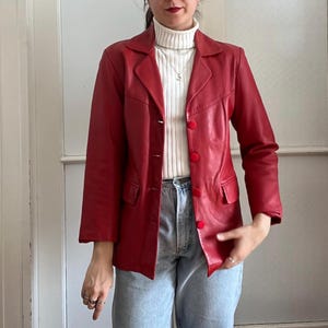 Vintage Leather Jacket in Red - Size XS - Fitted Red Soft Genuine Leather Coat Short Jacket Button Down Elegant Streetwear