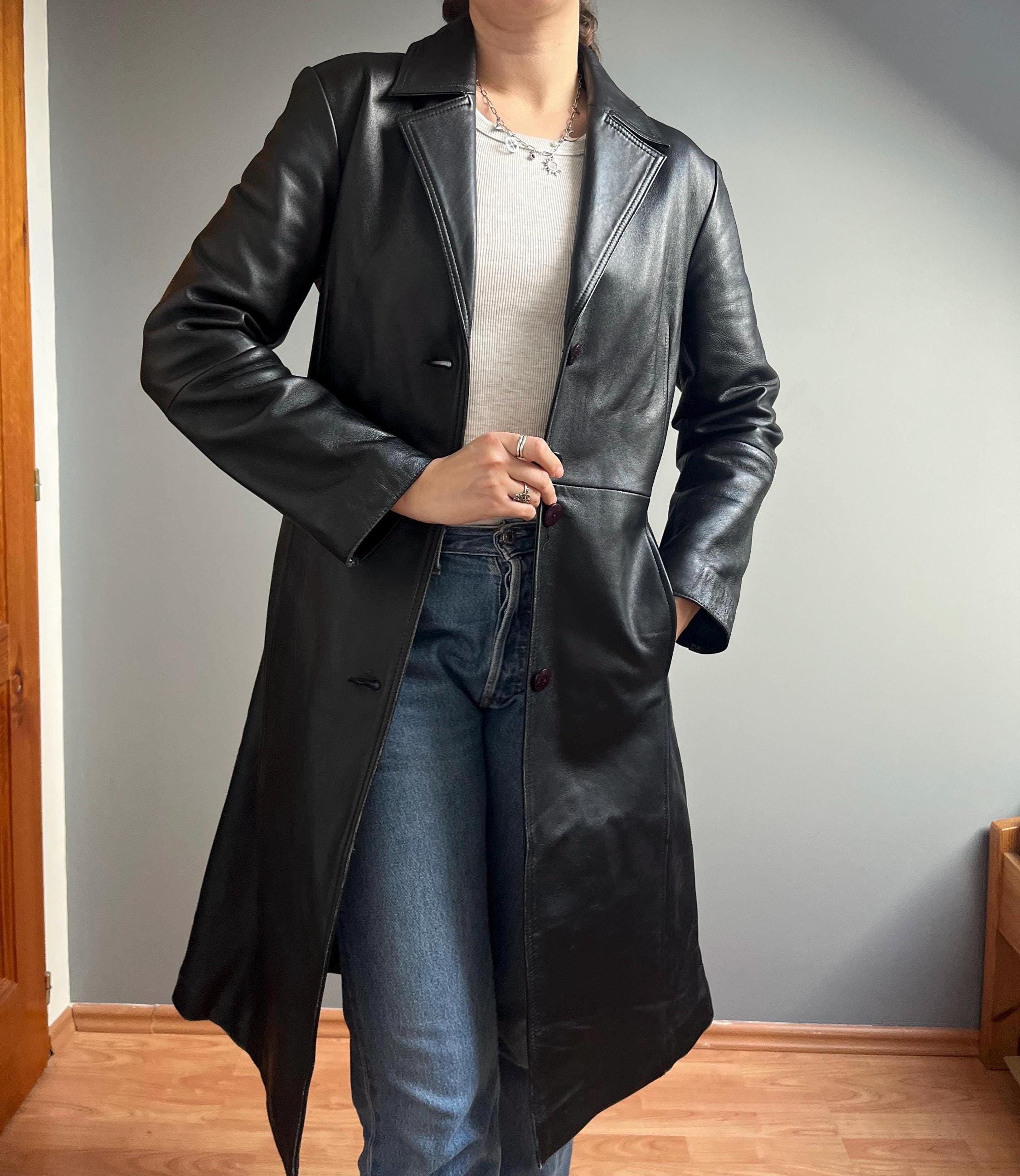 Vintage Black Real Leather Trench Coat for Women – Classic Long