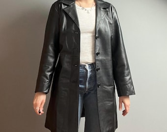 Vintage Leather Jacket for Women in Black - Size M-L  - Longline Black Genuine Leather Long Coat