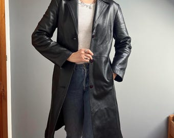 Vintage Black Real Leather Trench Coat for Women – Classic Long